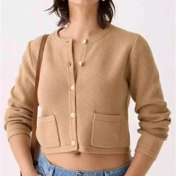 J.Crew Emilie Patch-Pocket Cardigan Sweater Tan Brown Gold Crest Buttons Small - Picture 8 of 8